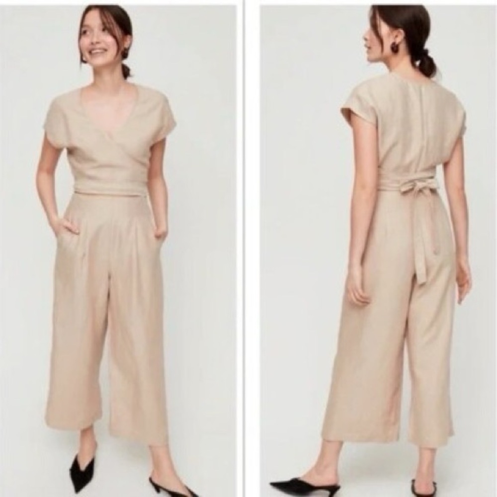 Aritzia Beige Wrap-Style Wide Leg Jumpsuit